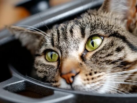 Close-up of a playful cat relaxing in a cozy spot with bright green eyes and unique fur patterns