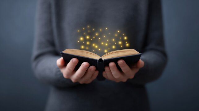 Enchanted Book with Magical Sparkles in Hands of Reader Against Dark Background