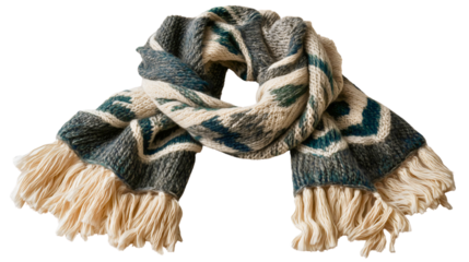 A green and white knitted scarf isolated on a white background, a warm winter wool neckerchief with fringe, a chevron pattern fashion accessory, a cozy clothing object.