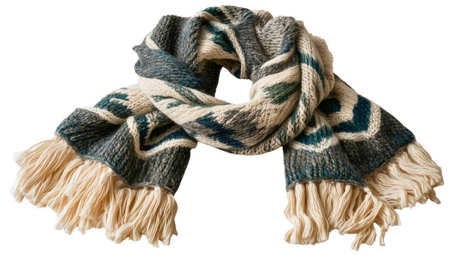 A green and white knitted scarf isolated on a white background, a warm winter wool neckerchief with fringe, a chevron pattern fashion accessory, a cozy clothing object.
