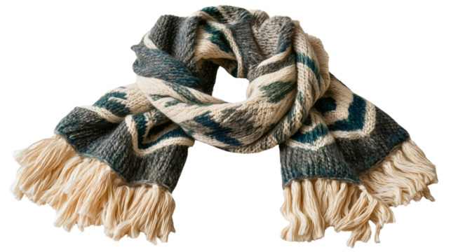 A green and white knitted scarf isolated on a white background, a warm winter wool neckerchief with fringe, a chevron pattern fashion accessory, a cozy clothing object.
