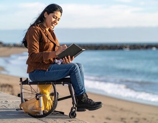 Woman in Wheelchair Writing in Notebook at Beach