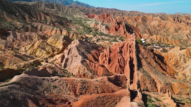Skazka Canyons or so called Fairytale Canyons surrounded view, in drone point of view in Issyk-Kul region near the lake