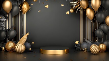 Black Friday banner with podium and balloons.