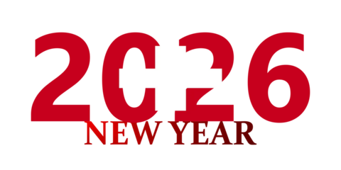 Modern red typography for the New Year 2026 celebration on a white background.