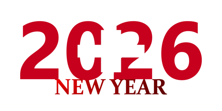 Modern red typography for the New Year 2026 celebration on a white background.