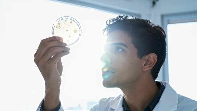 Scientist in a lab coat closely inspecting a petri dish containing bacterial cultures. The image highlights microbiology research, scientific analysis, and laboratory work in a professional environmen
