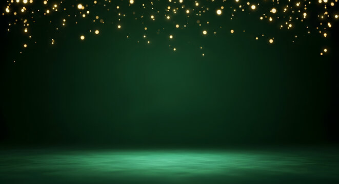 Enchanting emerald elegance: Stage with golden fairy lights cascading down in a magical setting. - Powered by Adobe