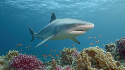 Naklejka premium Majestic Shark Swimming Gracefully Through Vibrant Coral Reef Ecosystem in Crystal Clear Ocean Water