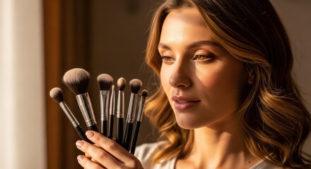 Woman holding makeup brushes in sunlight with a soft, glowing complexion