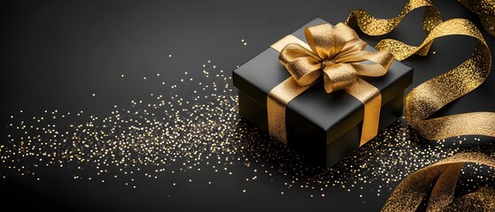 Gift box and gold ribbon on black background.