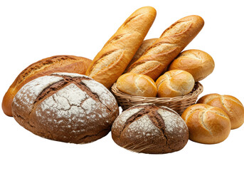 Freshly baked artisanal bread: rustic rye, golden baguettes, wheat rolls, multi-grain, in wicker basket with wheat ears on transparent background. Wholesome baking craft
