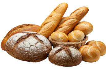 Freshly baked artisanal bread: rustic rye, golden baguettes, wheat rolls, multi-grain, in wicker basket with wheat ears on transparent background. Wholesome baking craft