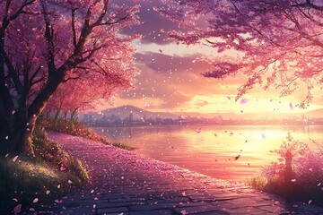 Obraz premium Sakura trees by a lakeside pathway, petals swirling in the air during sunset