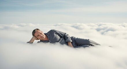 Middle aged man in pajamas peacefully sleeping on soft white clouds against a bright blue daytime sky