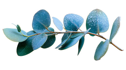A frozen eucalyptus branch with round blue leaves isolated on a white background, a frosty winter plant decoration, a cold nature floral element, a silver dollar foliage twig with ice.