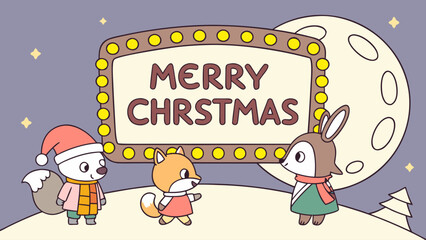 Obraz premium Cartoon christmas scene with animals and merry christmas sign under a large moonlit night sky