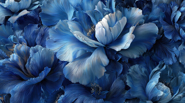 A close-up shot of a cluster of blue flowers with intricate petals, capturing their delicate beauty. The flowers have a range of hues, from light to dark blue, creating a mesmerizing effect. 