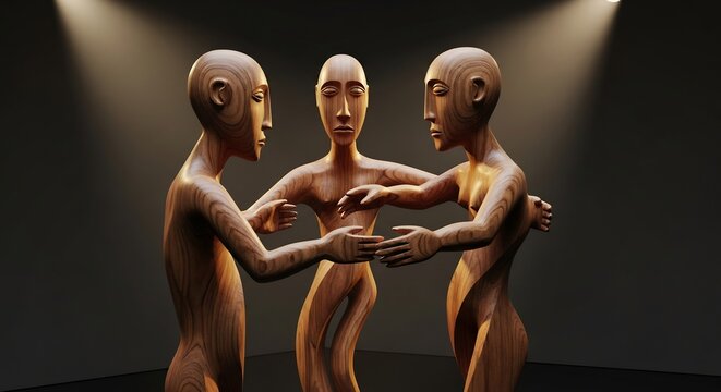 Three stylized wooden figures dancing under spotlights against a dark background showcasing detailed wood grain