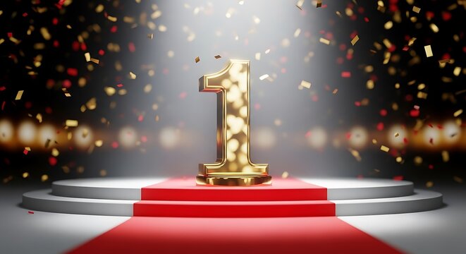 Golden number one on podium with red carpet and confetti celebration background