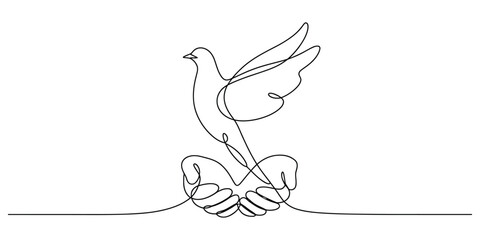 Continuous line drawing of hands holding a dove, a peace symbol