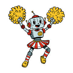 dancing robot cheerleader with pom-poms cartoon illustration