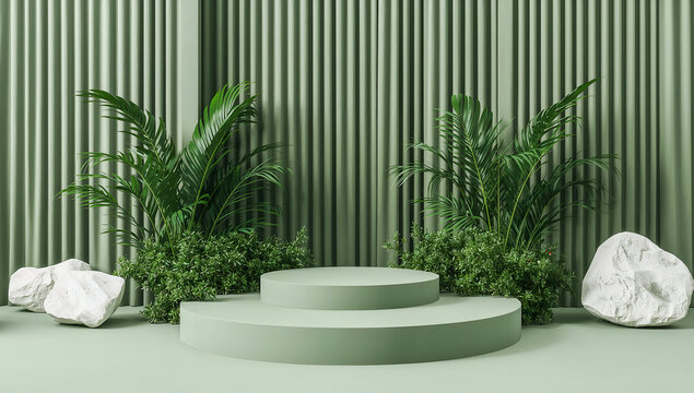 Minimalist stage with plants and stones for product presentation