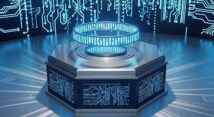 Futuristic technology display platform with glowing neon ring and circuit board background