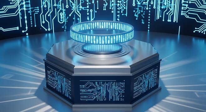 Futuristic technology display platform with glowing neon ring and circuit board background