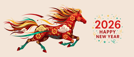 Traditional red horse design for 2026 Happy New Year. Oriental floral ornaments and golden details reflect Chinese culture, symbolizing luck, strength, and good fortune for the coming year