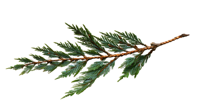 A single cedar branch isolated on a plain background, a natural evergreen twig for winter, a conifer plant with green scale leaves, a cypress flora detail, a Christmas decoration.