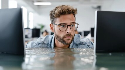 A concerned man looks at submerged computer monitors in a flooded office, symbolizing a workplace disaster.