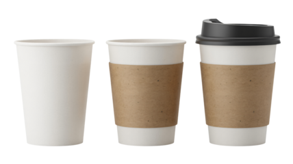 Three paper coffee cups offer branding and design potential, ideal for showcasing your coffee shop's style or packaging designs in a modern, minimalist way
