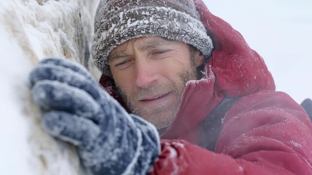 A determined male climber in red winter gear and a frosted hat holds onto an icy cliff in extreme cold.