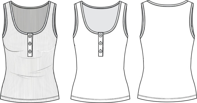 Women's ribbed tank top vector illustration, Henley vest flat sketch, button placket detail, front and back technical drawing template, sleeveless shirt mockup.