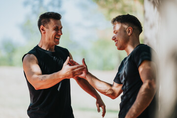 Two athletic men in black sleeveless shirts laugh and greet with a high five after a training session outdoors, capturing camaraderie, fitness, teamwork, and positive energy between friends.
