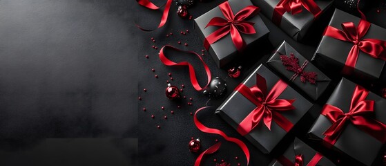 Christmas boxes with ribbon on black background.