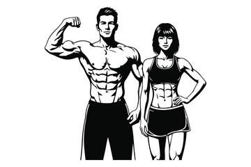 Fitness couple showcasing muscular physique in monochrome illustration