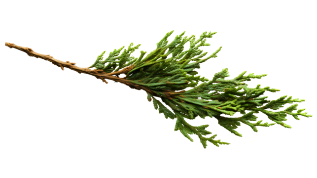 A close-up of a green cedar branch isolated on a white background, a natural evergreen twig with brown stem, a conifer leaf texture, a holiday plant object, a fresh nature detail.