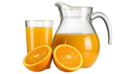 A pitcher and glass hold fresh orange juice with oranges on the side.
