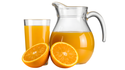 A pitcher and glass hold fresh orange juice with oranges on the side.