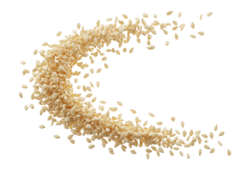 Thousands of light-beige sesame seeds falling in elegant arc, sharp focus, motion blur, transparent background, macro photography, high-key studio. Purity of natural ingredients