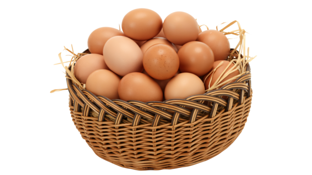 Fresh brown eggs piled high inside rustic woven basket, perfect for Easter, baking, or healthy breakfast promotions, appealing to foodies and home cooks