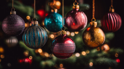 Festive Christmas ornaments hanging with blurred lights in the background. These colorful baubles are perfect for holiday decorations, adding a touch of elegance and cheer to winter holidays 2026.