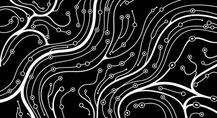Intricate white lines and circles on a black background creating a complex network.