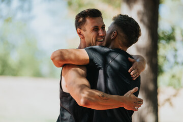 Two men in athletic wear hug warmly in a sunlit park, expressing friendship, support, and positive energy. Perfect for themes of teamwork, celebration, togetherness, and outdoor activity.