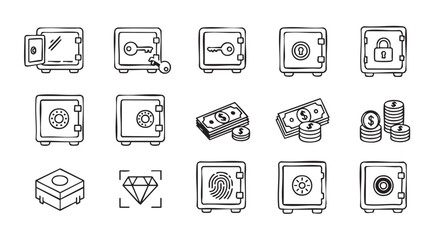 Doodle Style Security Icons Set Depicting Safe Diamond and Button