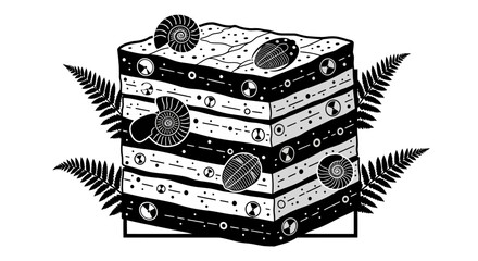 Layered Sedimentary Rock Formation with Fossils and Ferns Illustration.