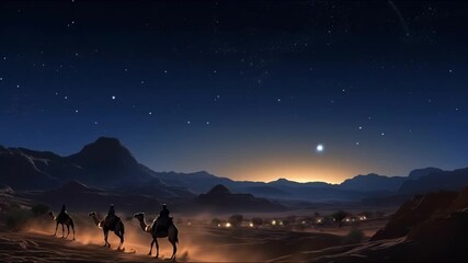 Christmas star on blue sky and three wise men. Christian video background