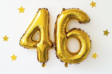 Gold foil balloons in the shape of number 46 with star decorations on white background